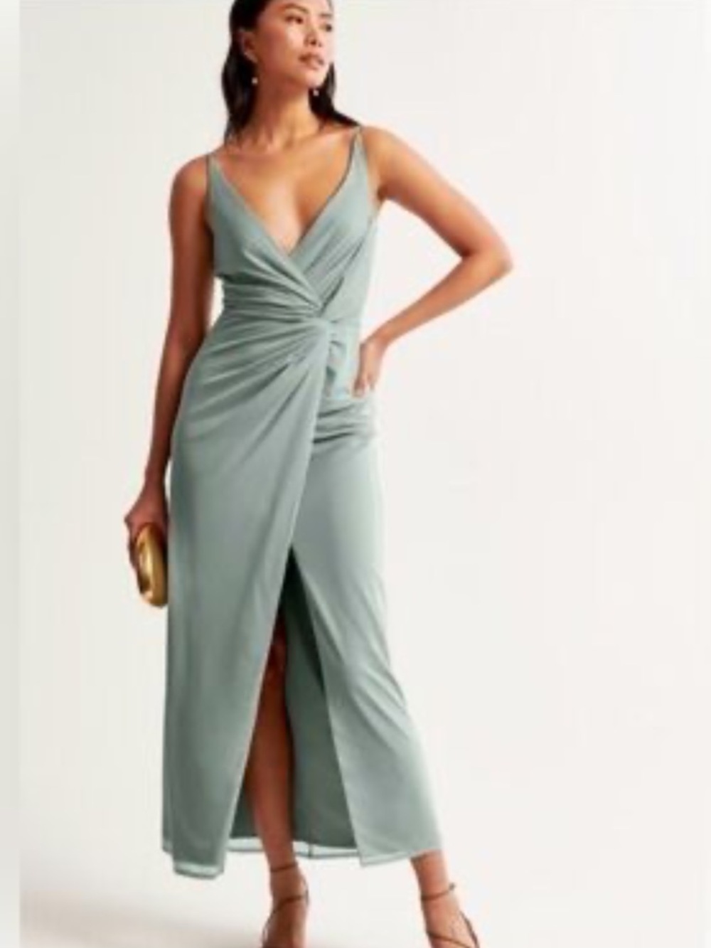 ABERCROMBIE & FITCH Draped Twist-Front Maxi Dress Sage Green Size XS tall